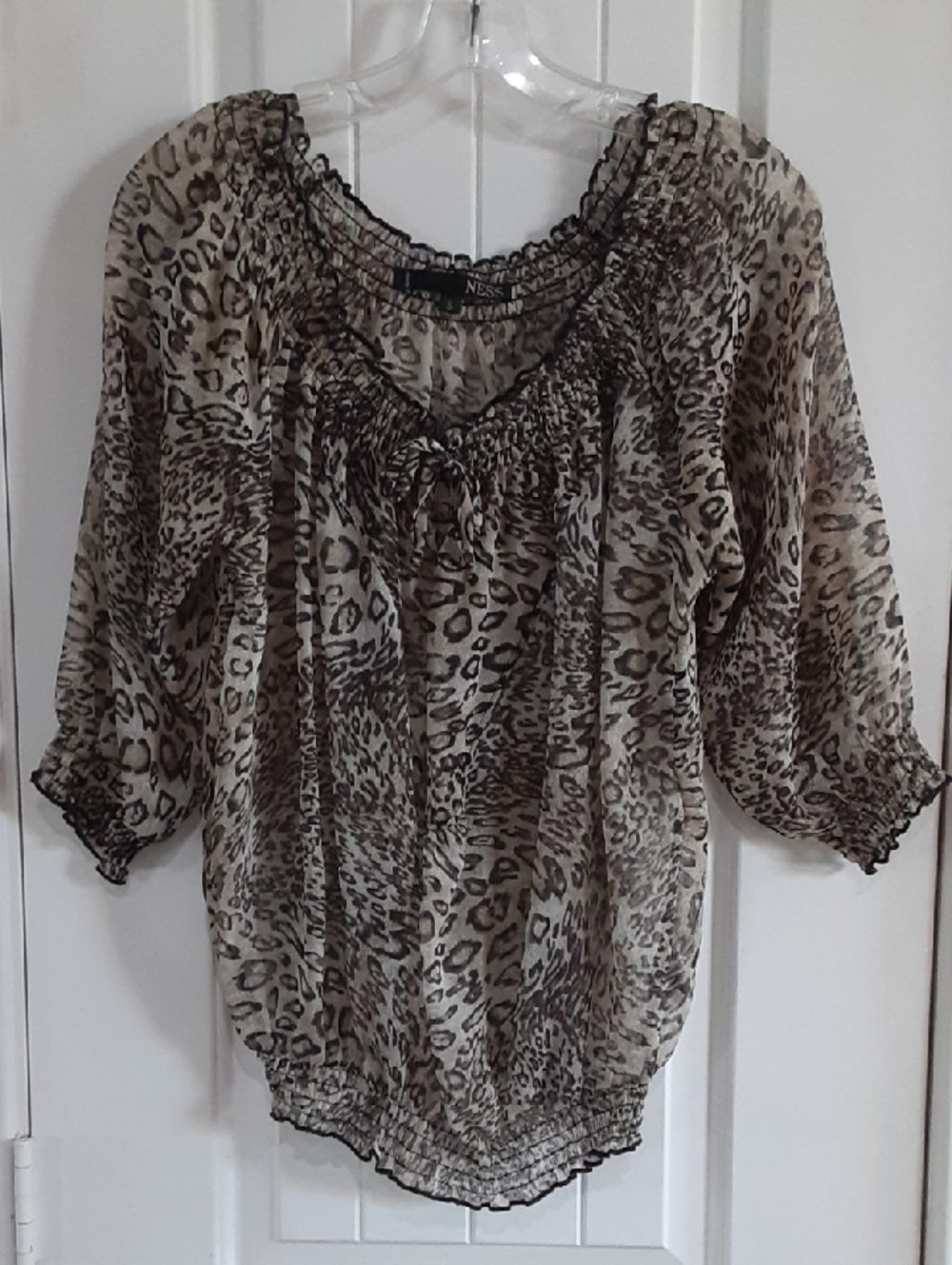 NESS Sheer Leopard Print Peasant Blouse - Smocked Off-Shoulder - S